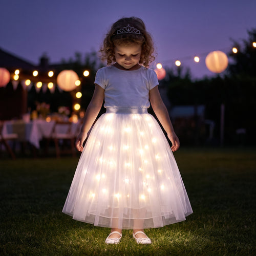 Girl wearing the White Light-Up Petticoat glowing at a garden party at dusk
