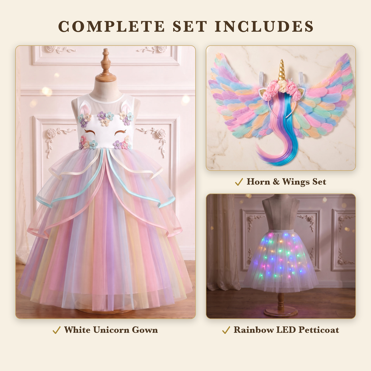Complete Set includes the White Unicorn gown, unicorn horn and wings set, and rainbow LED petticoat