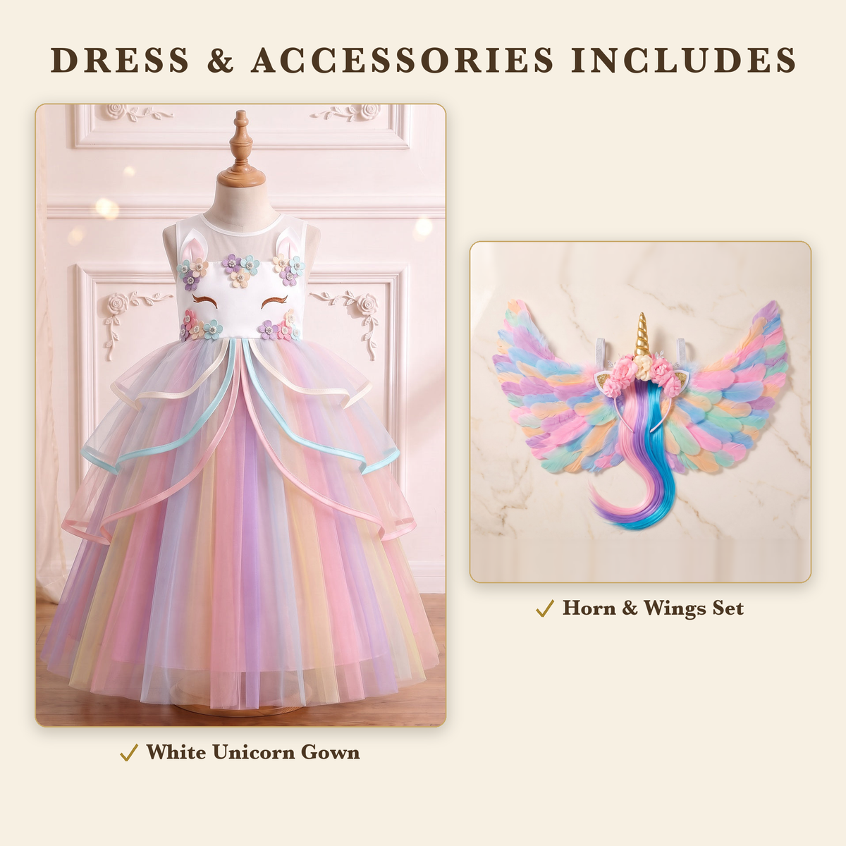 Dress and Accessories bundle includes the White Unicorn gown and unicorn horn and wings set