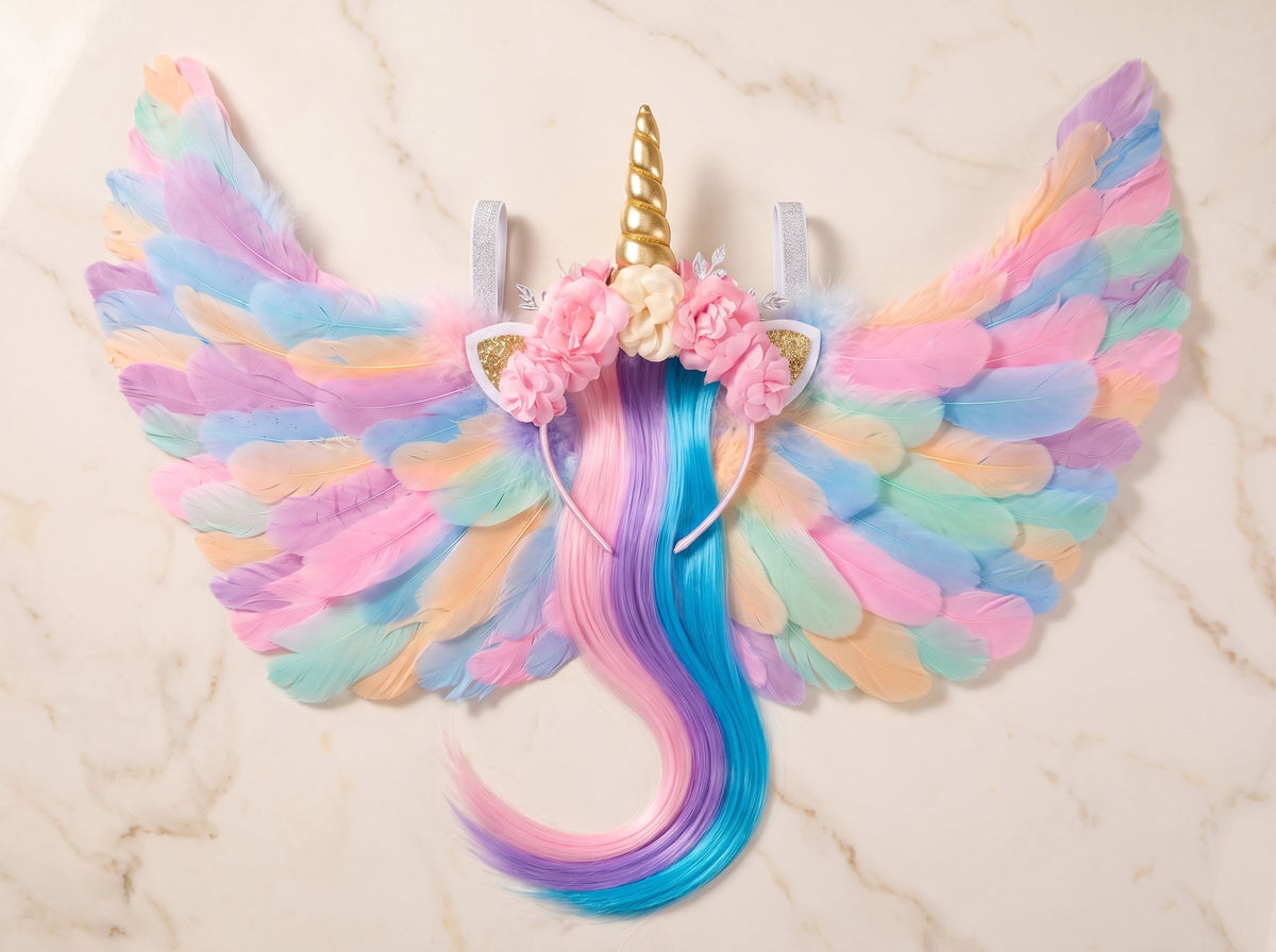 Unicorn horn headband and pastel rainbow wings