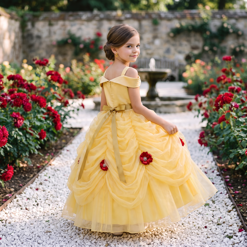 Back view of the yellow Belle ball gown showing the satin sash bow and gathered tulle swags