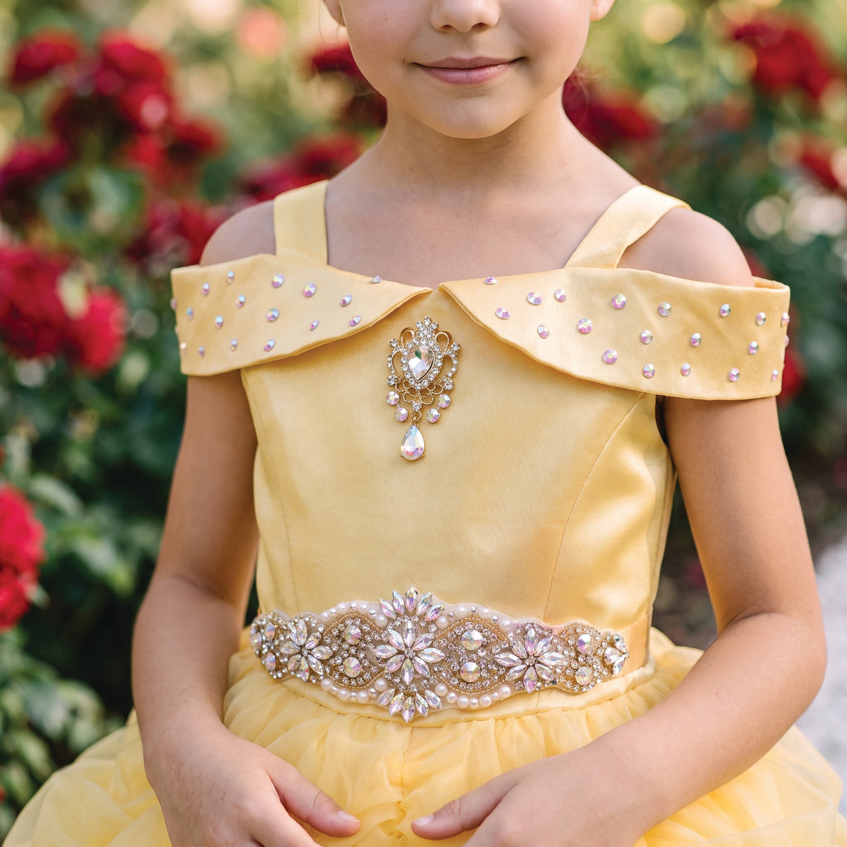 Close up of the pearl dotted portrait collar, gold filigree teardrop brooch, and crystal flower belt