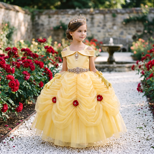 Girl in a yellow Belle inspired ball gown with pearl portrait collar, jeweled belt, and red rose swag skirt in a rose garden