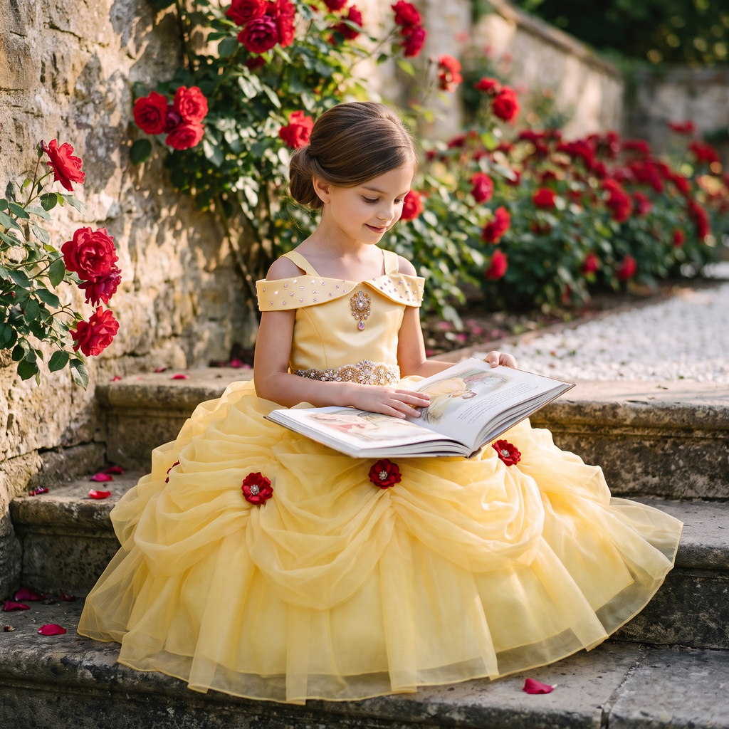 Girl reading a storybook on garden steps in the yellow Belle enchanted rose ball gown
