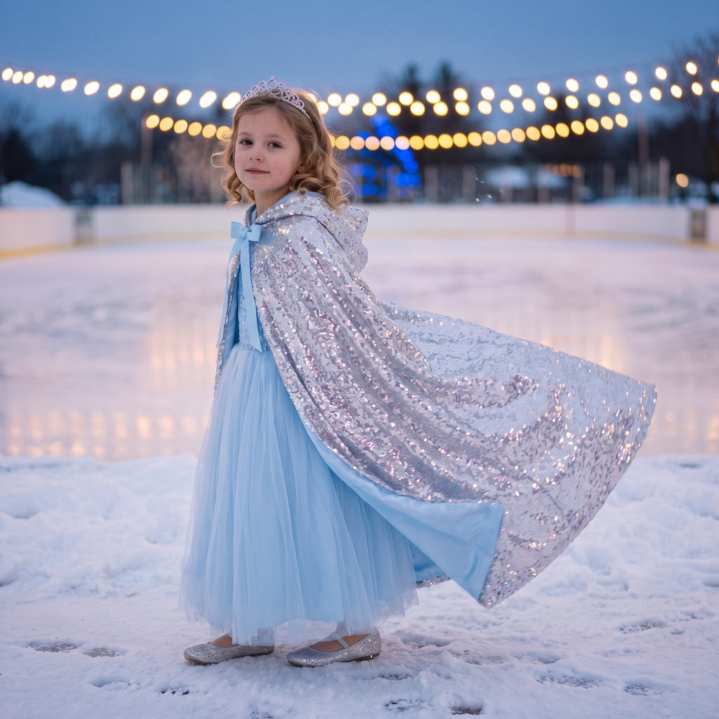 Girl twirling in the Silver Sequined Cape with the ice blue satin lining showing
