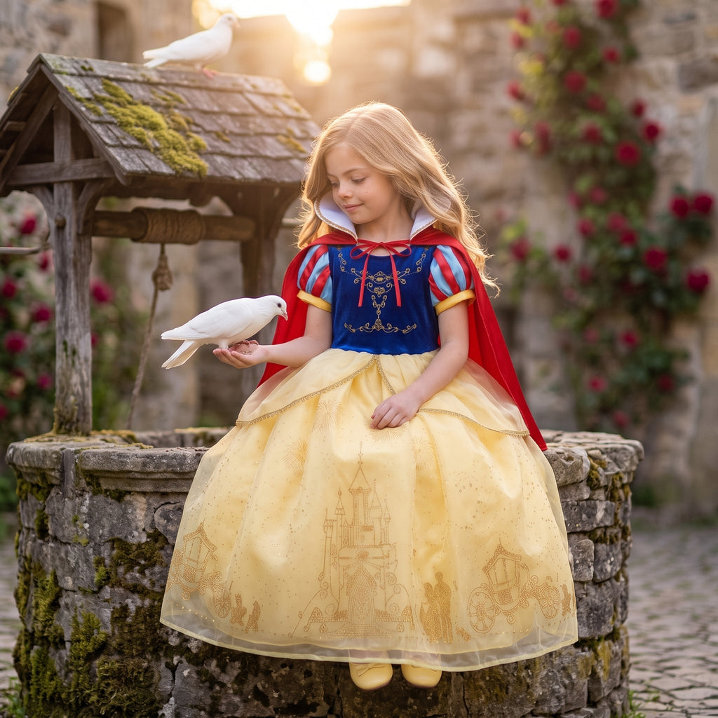 Castle Cape Dress — shown in a storybook courtyard