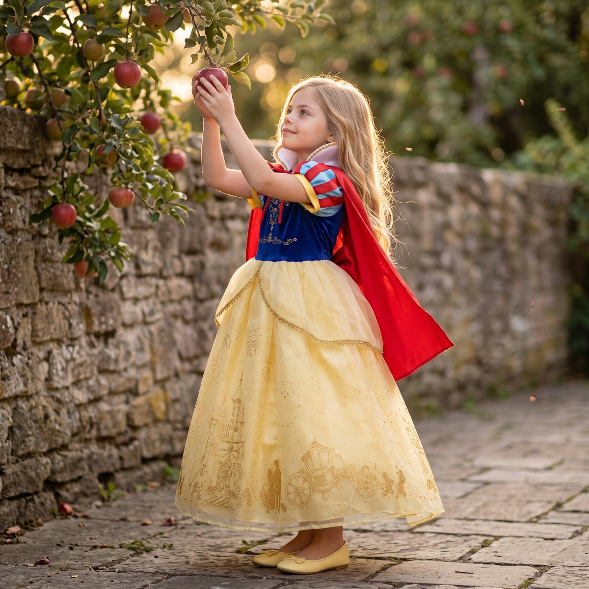 Castle Cape Dress — shown in an orchard
