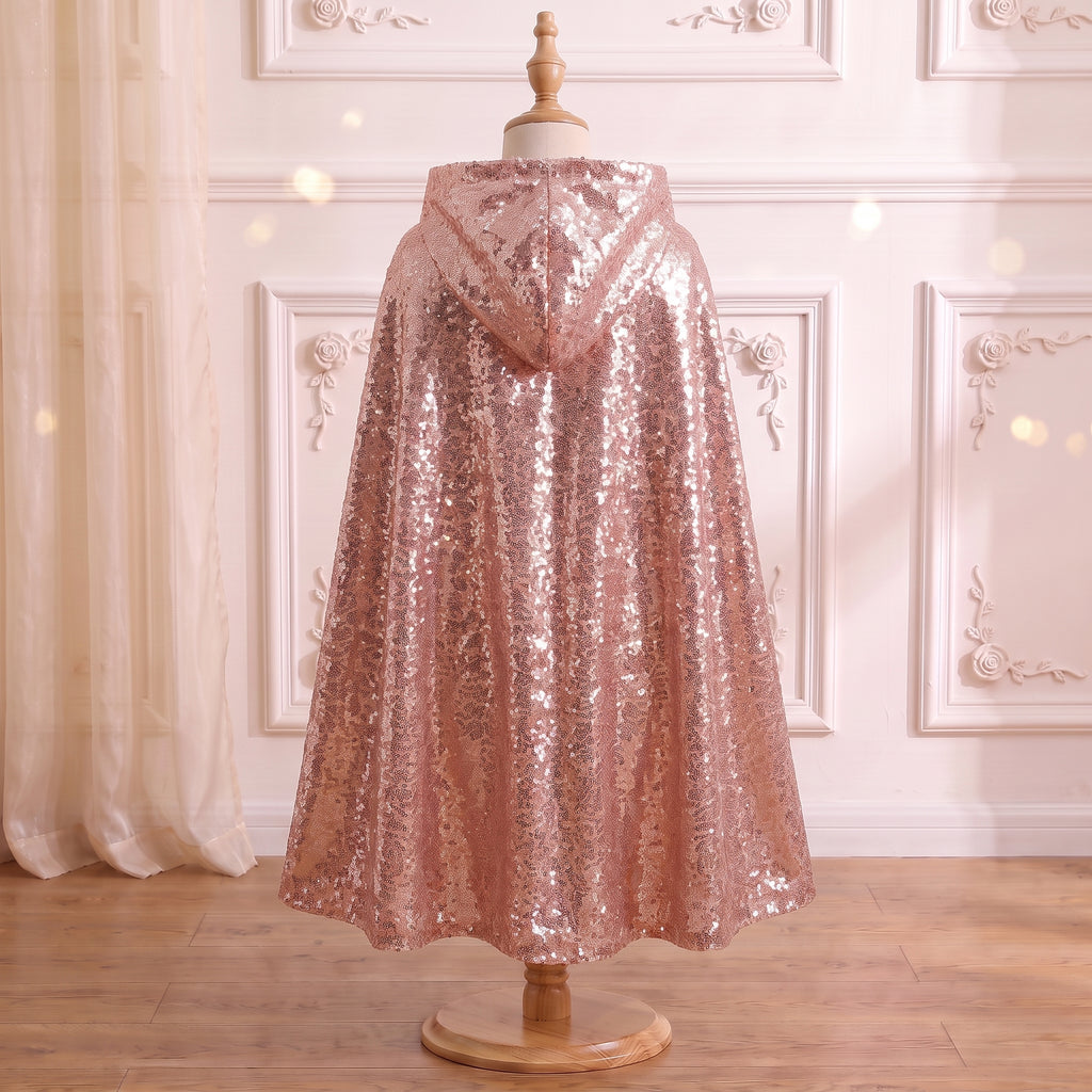 Back view of the Rose Gold Sequined Cape on a mannequin, hood down