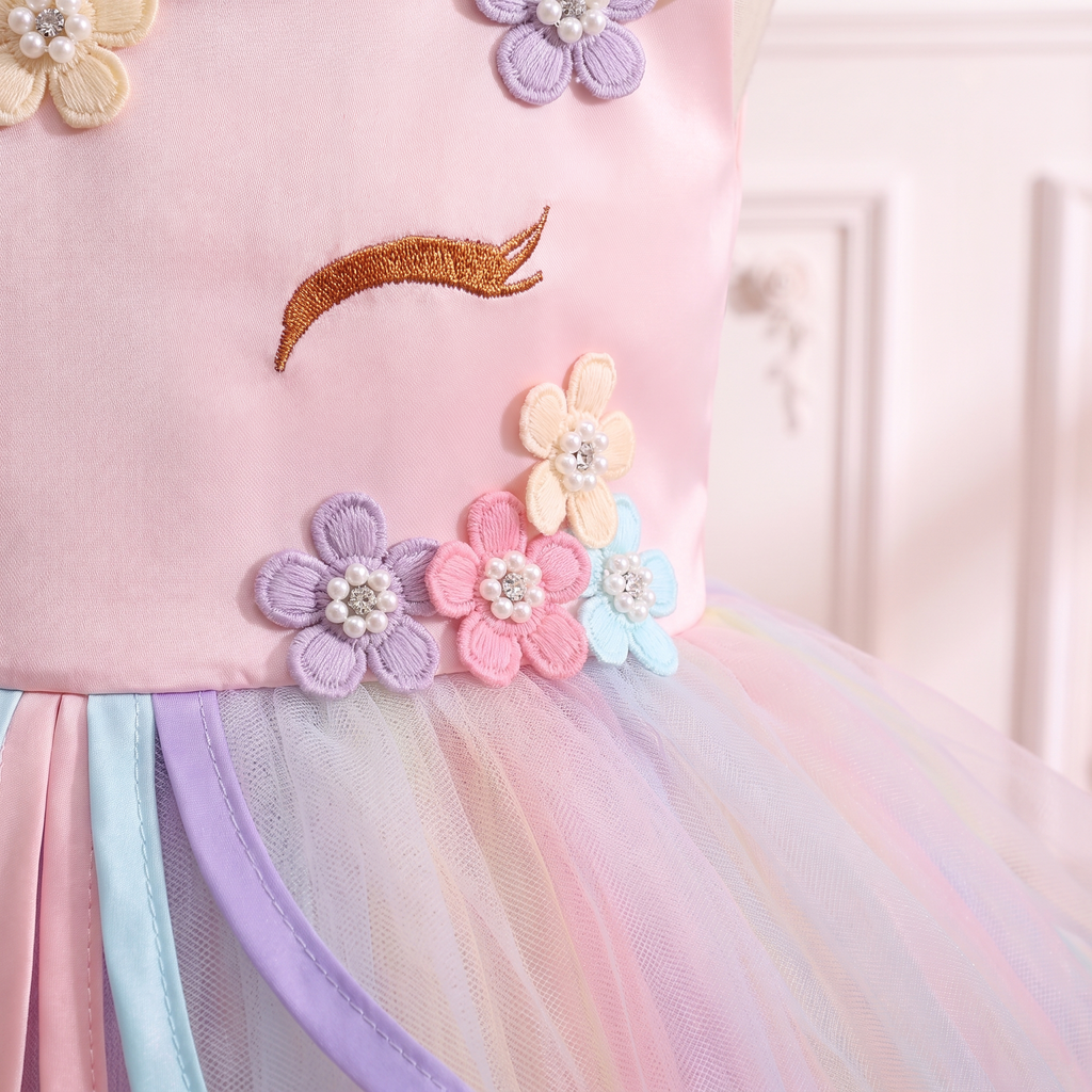 Close up of the unicorn-face bodice: golden embroidered lashes and pastel flowers with pearl centers