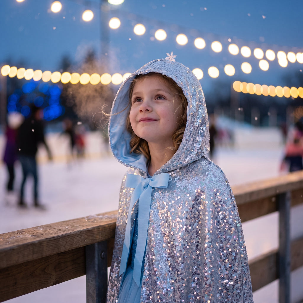 Close up of the hood up and the ice blue ribbon bow on the Silver Sequined Cape