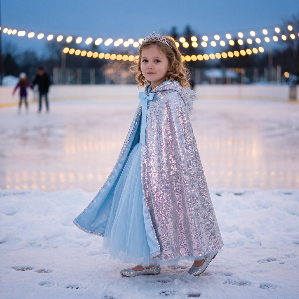 Side view of a girl in the silver sequin cape over a blue gown at the rink