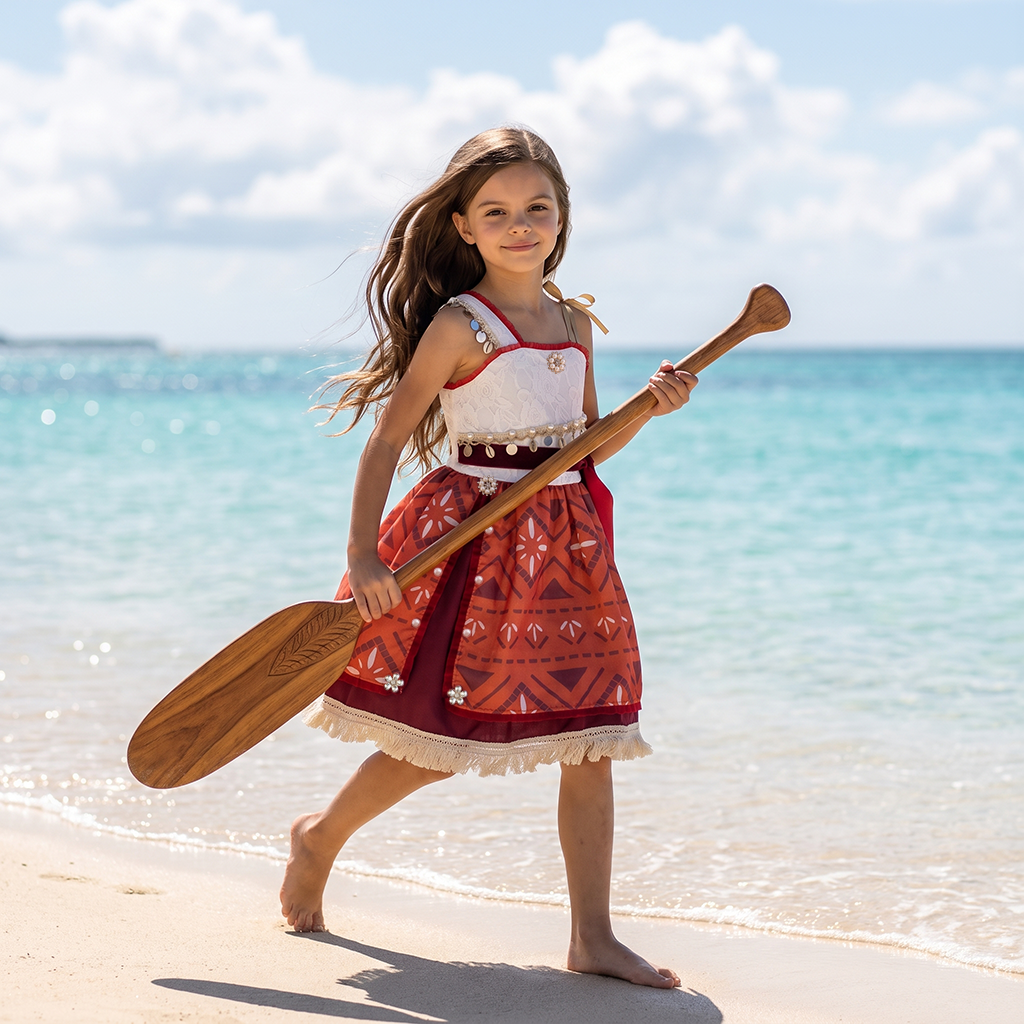 Girl walking the beach with a wooden oar in an island princess dress with white lace bodice and sunset tapa print skirt