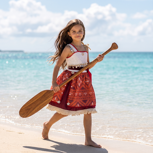Girl walking the beach with a wooden oar in an island princess dress with white lace bodice and sunset tapa print skirt