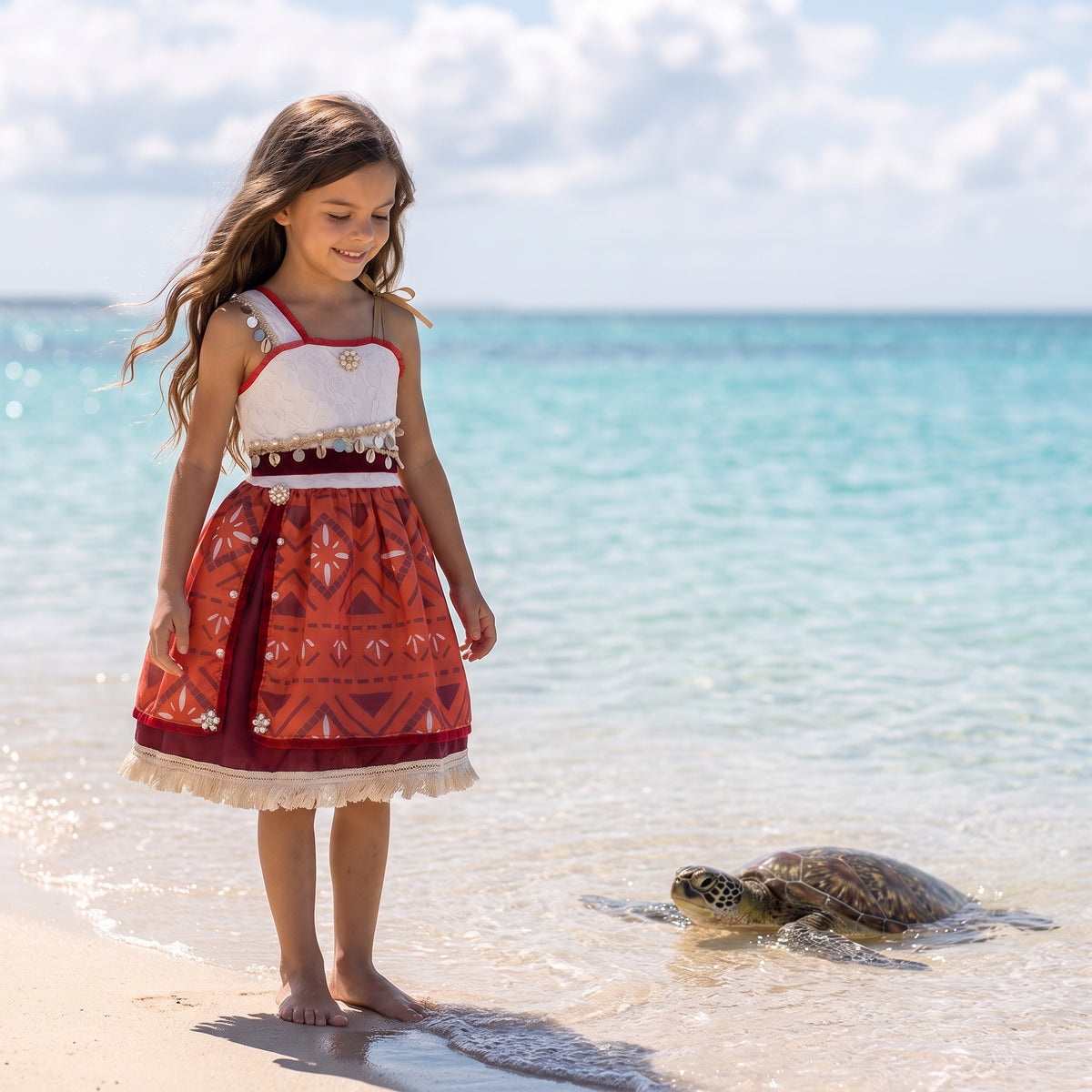 Girl in the island princess dress meeting a sea turtle at the shoreline