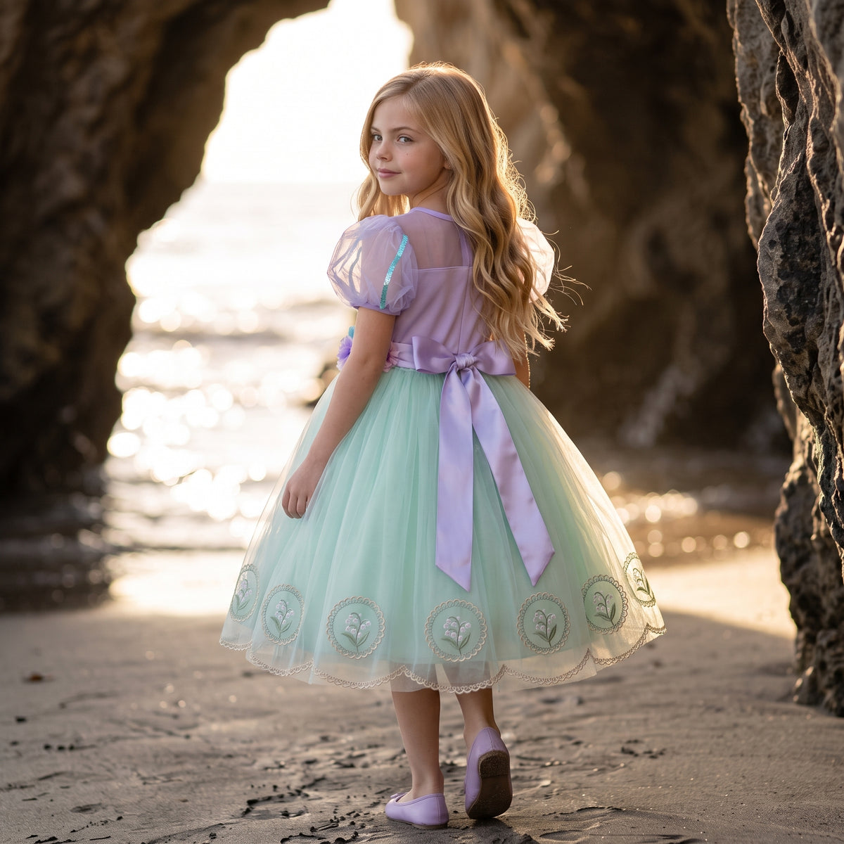 Back view of Lavender Mint Lily Dress with a lavender bow