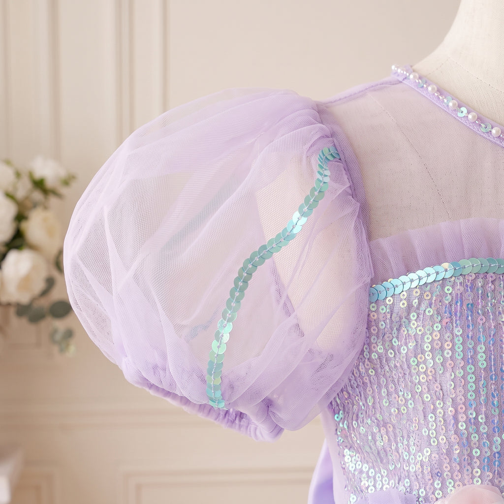 Sheer lavender puff sleeve edged with mint sequins