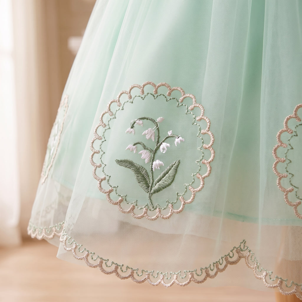 Embroidered lily-of-the-valley medallion on the mint skirt