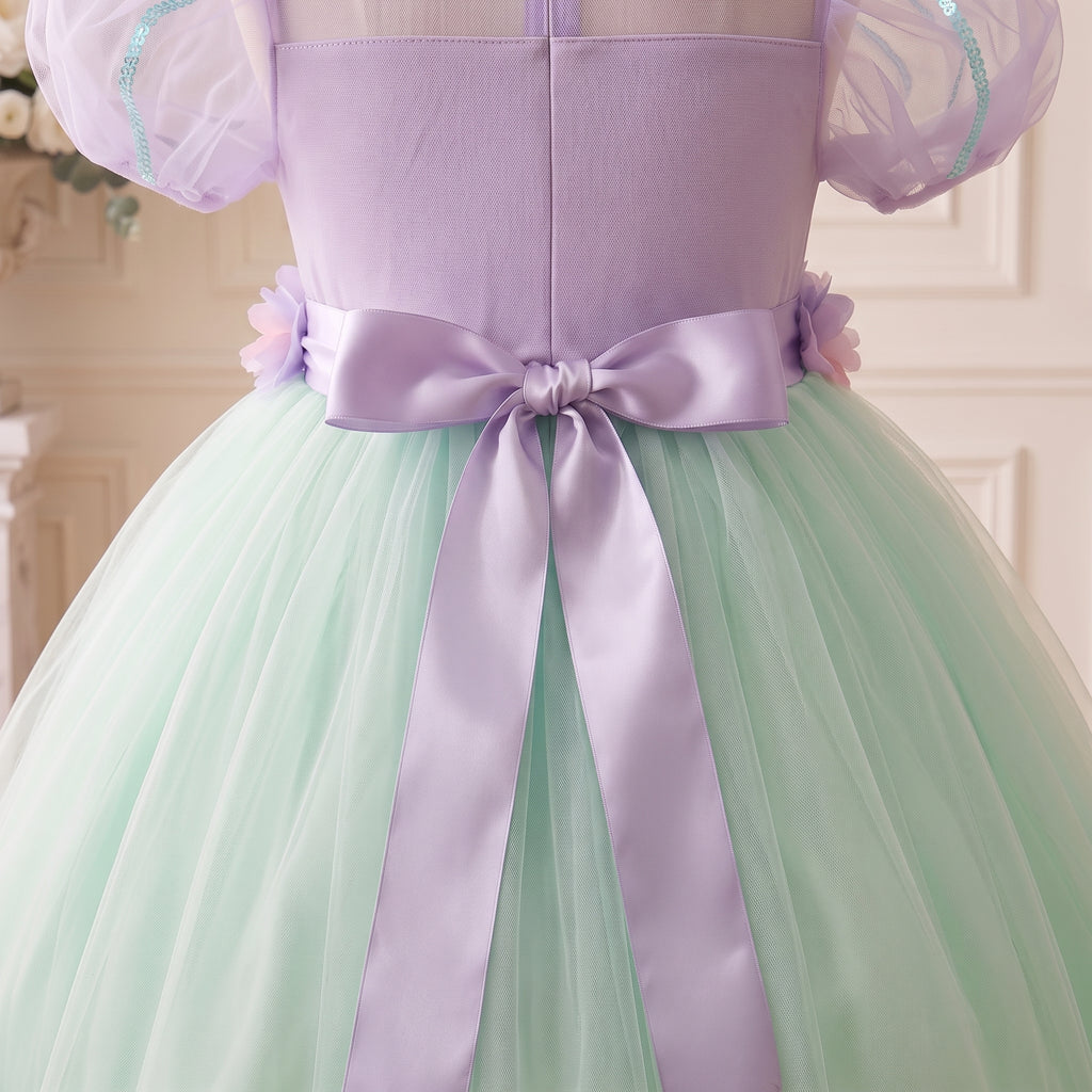 Lavender waist bow at the back of the dress