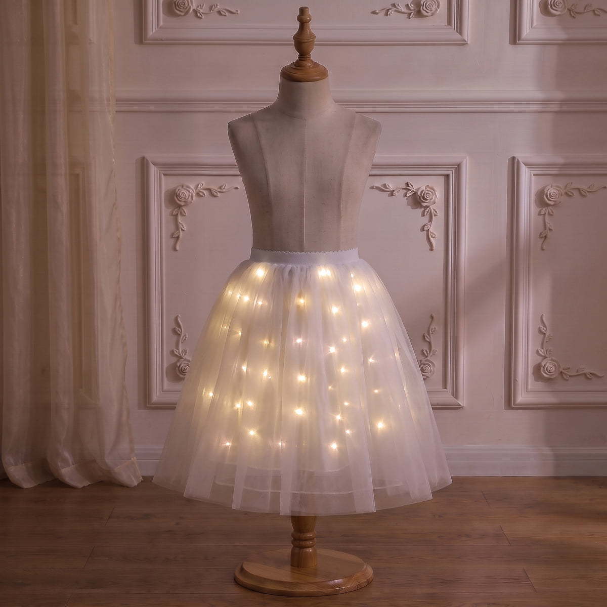 White Light-Up Petticoat on a mannequin with the lights on, side view