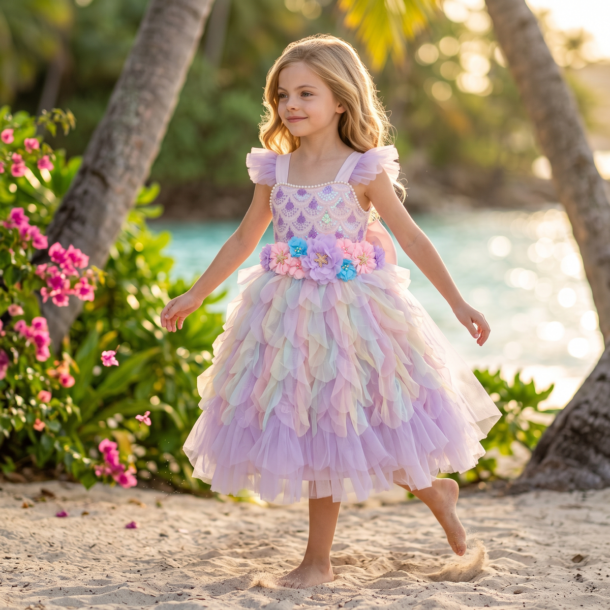 Pastel Mermaid Princess Gown shown on a child, with a sequined bodice, floral waist and layered pastel skirt