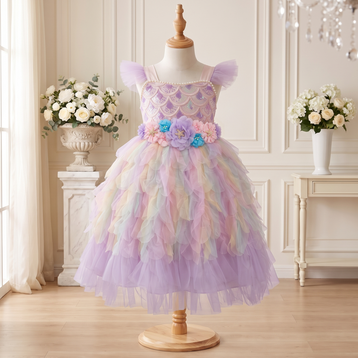 Front view of Pastel Mermaid Princess Gown on a mannequin