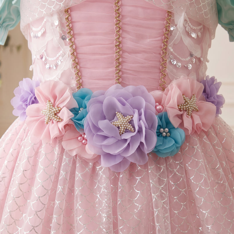 Removable floral sash with starfish accents, styled with Pink Mint Mermaid Dress