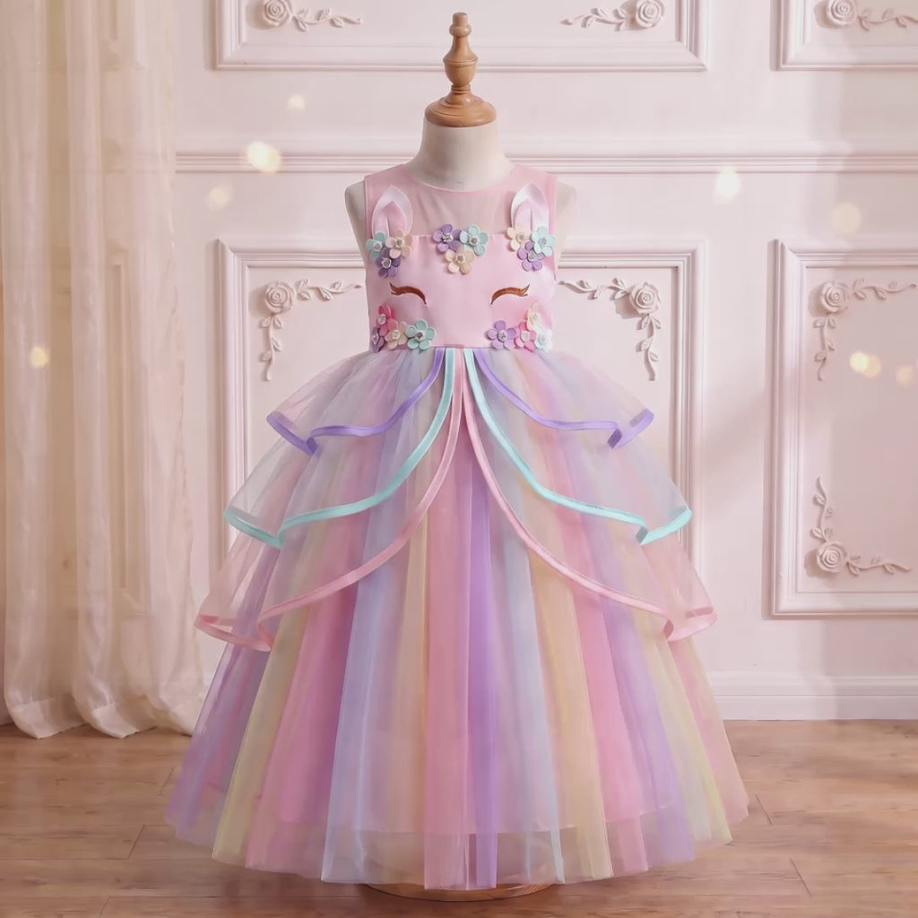 Pink Rainbow Unicorn Ribbon Gown 360-degree view on a mannequin