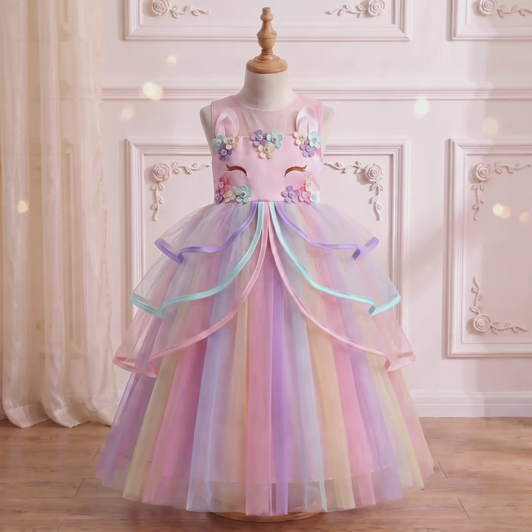 Pink Rainbow Unicorn Ribbon Gown 360-degree view on a mannequin