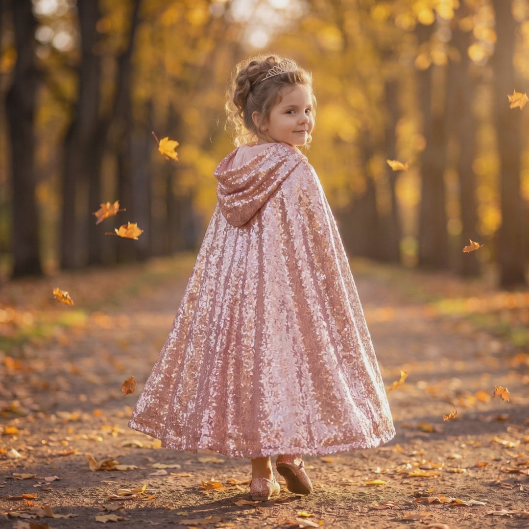 Rose Gold Sequined Cape product video: an autumn walk with the hood up