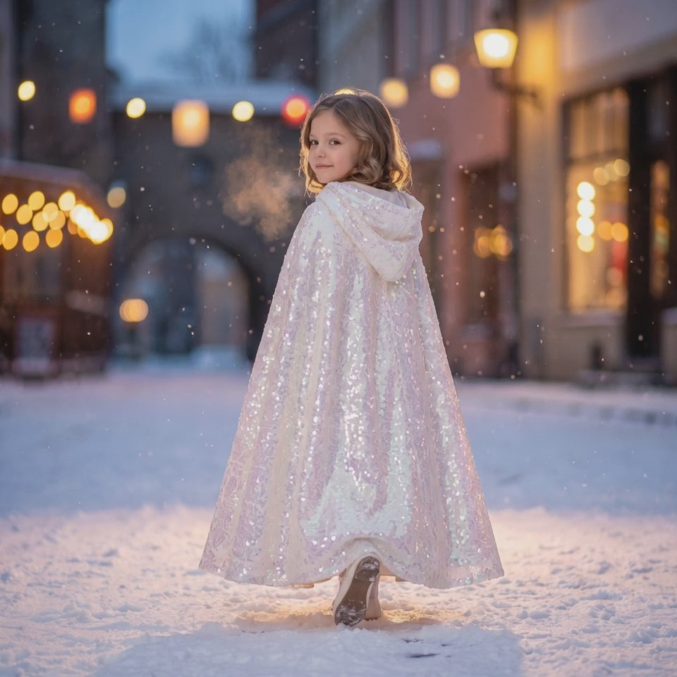 Ice Queen Frostlight Cape product video on a snowy street