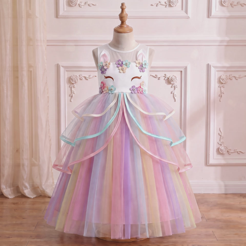 White Rainbow Unicorn Ribbon Gown 360-degree view on a mannequin