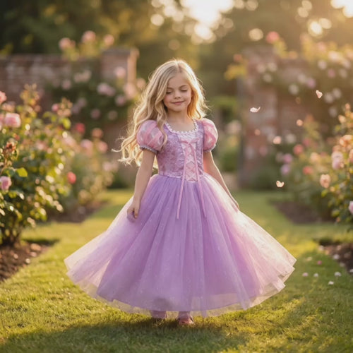 Rapunzel Lavender Tower Princess Gown product video: twirling in the rose garden