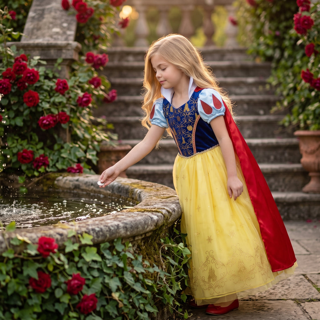 Snow White Glitter Dress — shown beside a garden fountain