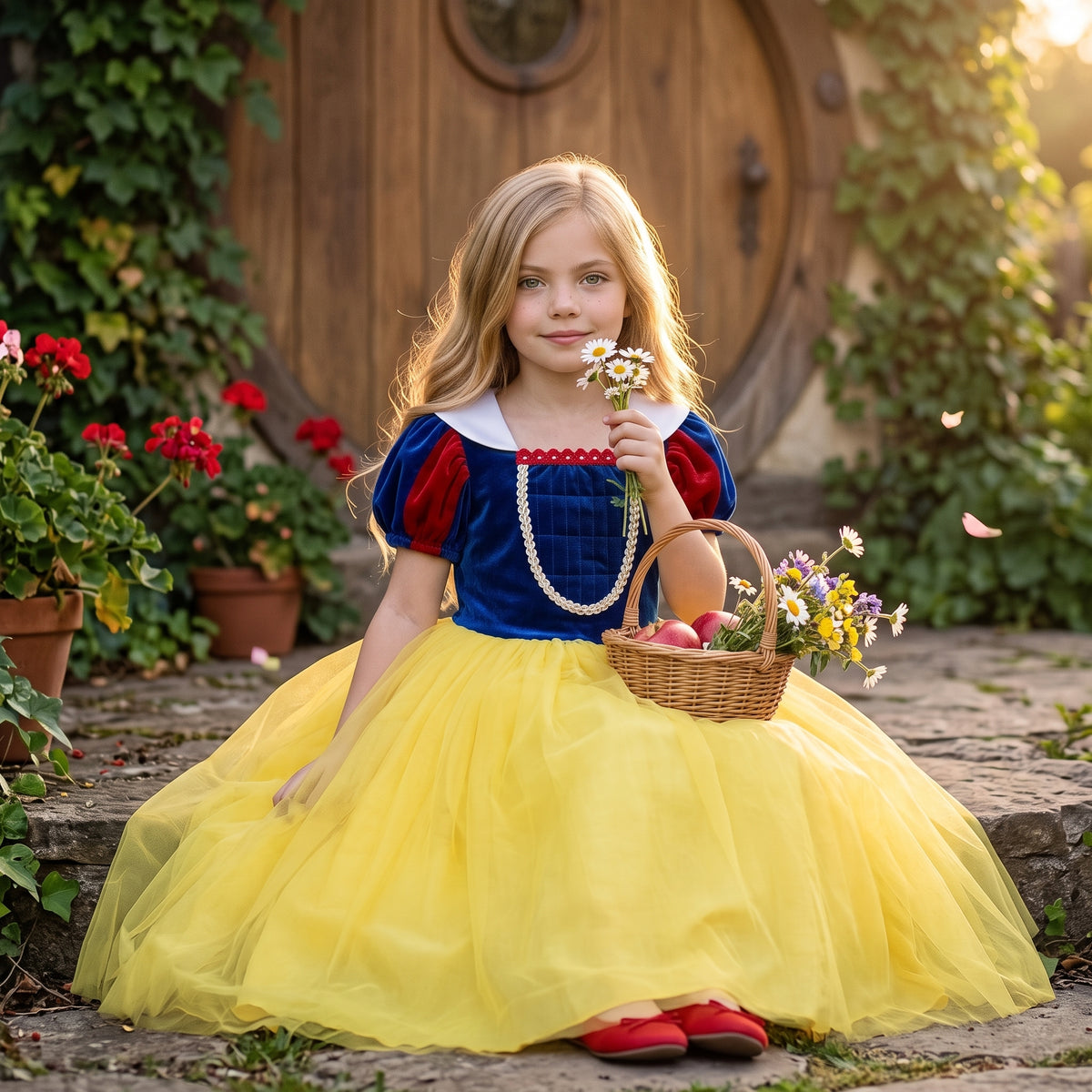 Snow White Tulle Dress — shown seated in a garden